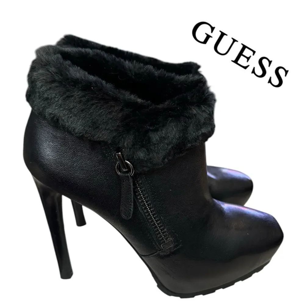 Guess Ivorie Women's Black Leather Fur Stiletto Ankle Boot Booties 8